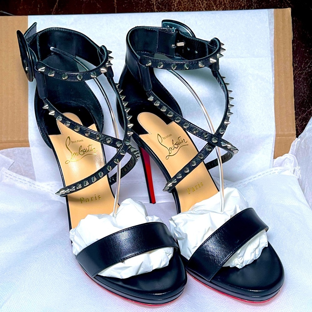Christian Louboutin ChocaLux 100 spike Napa blk leather stiletto sandals EU 38.5 - Picture 9 of 11